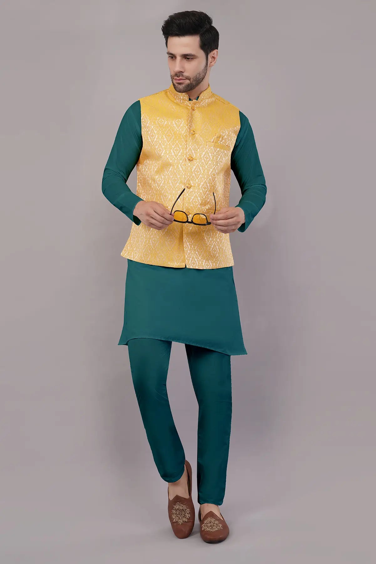 Fasolia Men's Designer Jacquard Nehru Jacket/Waist Coat